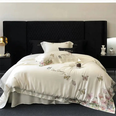 Chic White Ensemble Delicate Butterfly Embroidery Lyocell Eucalyptus Fiber Bedding Set